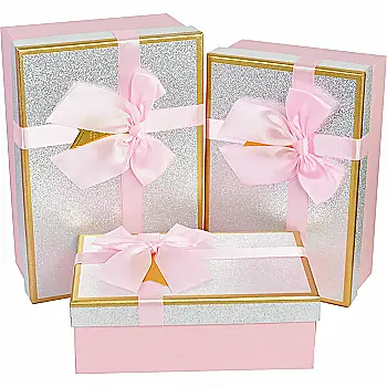 Подарункова коробка прямокутна, "Срібний глітер" з бантом, 23*16*9,5 см, 1103402813