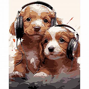 Набор для росписи по номерам 40*50 см "Щенки в наушниках" на черном фоне, AH1218-19 ТМ "Strateg"