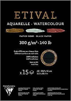 Склейка д/акварелі А3, Etival WaterColor 15 арк. (300 г/м2), кр. зерно, чорний папір, 975319C