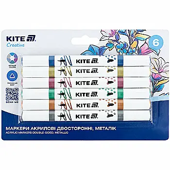 Маркери акрилові двосторонні, 6шт металік Kite Creative, K-1294