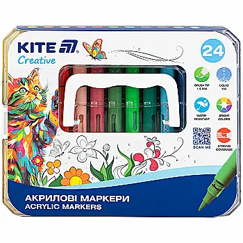 Маркери акрилові з рідкими чорнилами, 24шт Kite Creative, K-1162