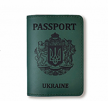 Обкладинка для паспорта Passport з великим Гербом (зелена, чорне тиснення)