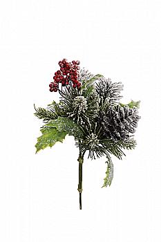 Декор новорічний Штучна сніжна гілочка сосни 22 см з ягодами/шишками, біла,  90010438