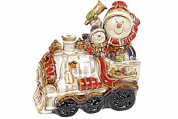 Статуетка керамічна "Сніговики на паровозі" 18 см, 197-723