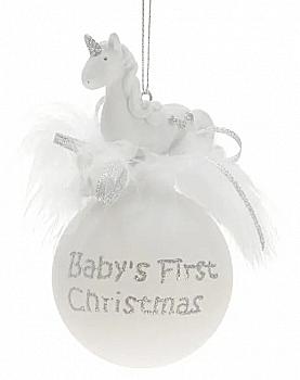 Ёлочное украшение Шар белый "Baby`s 1st Xmas" 6,5 см с единорогом сверху, 76019 Ёлочное украшение Шар белый "Baby`s 1st Xmas" 6,5 см с единорогом сверху, 76019