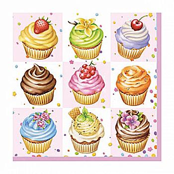 Декупажні серветки "Cupcakes", 33*33 см, 18,5 г/м², Abiente Декупажні серветки "Cupcakes", 33*33 см, 18,5 г/м², Abiente