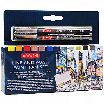 Набір Line and Wash Paint Pan, 12 кольорів+пензель з резервуаром+2 лінери, Derwent Набір Line and Wash Paint Pan, 12 кольорів+пензель з резервуаром+2 лінери, Derwent