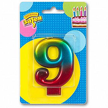 Свічка-цифра "9" Райдужна металік, 8 см, 1502-3773