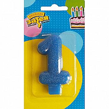 Свічка-цифра "1" Блискуча 7,6 см синя, 1502-2144