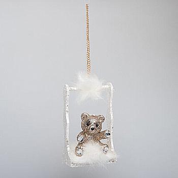 Игрушка новогодняя "Мишка на качели" золото, 15 см, 2509