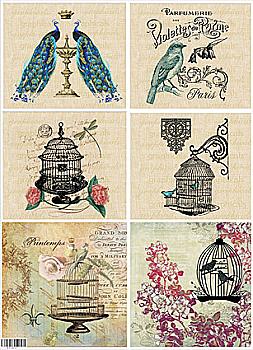 Декупажна карта 29,5*42 Птахи і вінтажні клітини