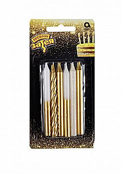 Свічки для торта золоті/білі блиск 8 см 12 од, 1502-5468