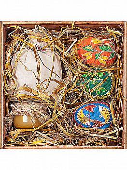 Деревянная коробка №46, Пасхальные яйца, чай, мед, сено, 2023010118