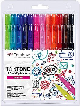Набор маркеров двухсторонних 0,3/0,8 мм TwinTone, яркие цвета (12 шт.), WS-PK-12P-1 ТМ "Tombow" Набор маркеров двухсторонних 0,3/0,8 мм TwinTone, яркие цвета (12 шт.), WS-PK-12P-1 ТМ "Tombow"