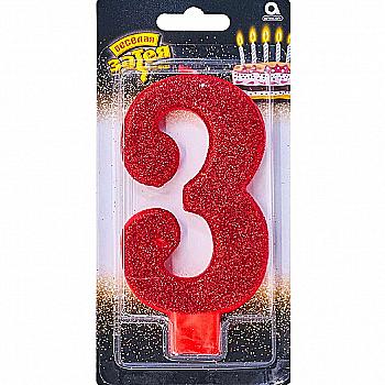 Свічка-цифра "3" Гігант глітер, 13 см, 1502-4638