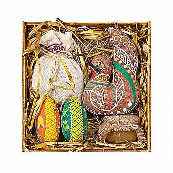 Дерев’яна коробка №49b •, Лебідь, 2 писанки, чай, мед, сіно, 2023010136