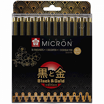 Набір лінерів Pigma Micron Black&Gold, 12 шт.(003-12, brush, PN), Чорний, Sakura Набір лінерів Pigma Micron Black&Gold, 12 шт.(003-12, brush, PN), Чорний, Sakura