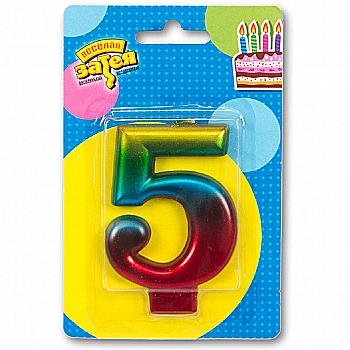 Свічка-цифра "5" Райдужна металік, 8 см, 1502-3769