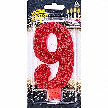 Свічка-цифра "9" Гігант глітер, 13 см, 1502-4644