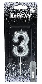 Свеча-цифра для торта Pelican "3", серебро, 6 см, 866023 Свеча-цифра для торта Pelican "3", серебро, 6 см, 866023