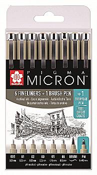 Набір лінерів Pigma Micron 6 шт, 1 лінер-пензель+лінер в подарунок, Sakura
