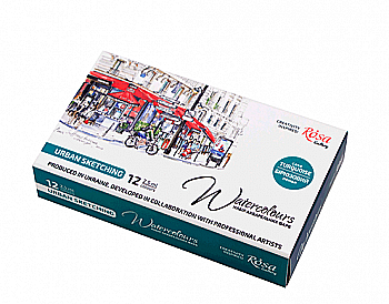 Набір акварельних фарб "Urban Sketching", в металевому пеналі, Бірюза, 12 кол., кювета, ROSA Gallery Набір акварельних фарб "Urban Sketching", в металевому пеналі, Бірюза, 12 кол., кювета, ROSA Gallery