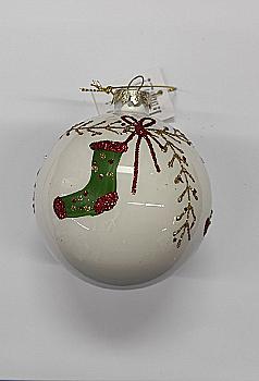 Ялинкова прикраса Куля 8 см біла з черевичком, YQU5359-5 Ялинкова прикраса Куля 8 см біла з черевичком, YQU5359-5