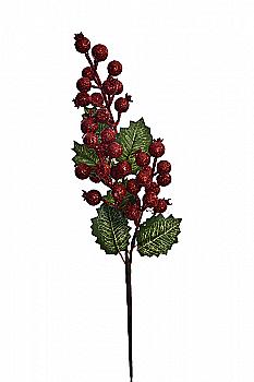 Декор новорічний Штучна гілочка 42 см з ягодами червоними/листям, глітер, 90060118