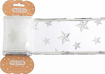 Стрічка декоративна 6 см*2 м, біла зі срібною зіркою, 750327 Стрічка декоративна 6 см*2 м, біла зі срібною зіркою, 750327