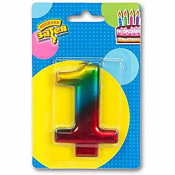 Свічка-цифра "1" Райдужна металік, 8 см, 1502-3765