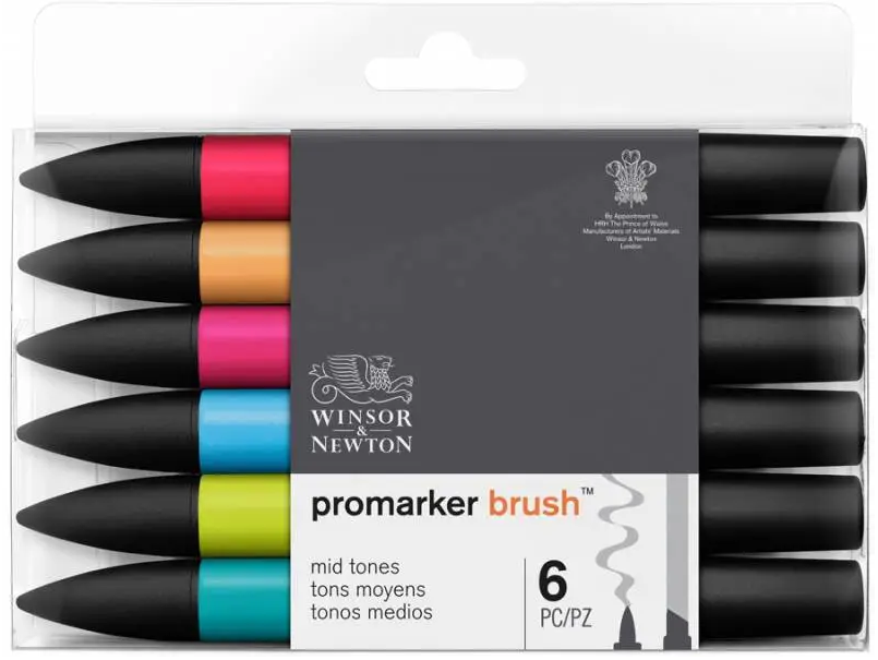 Набір двосторонніх маркерів Brushmarker, Середні тони, 6 шт., 0290124 W&N