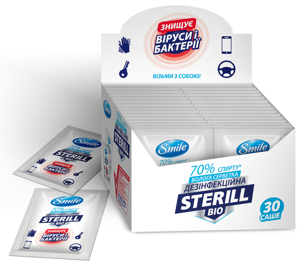 Дезінфекційний засіб "SMILE вологі серветки дезінфекційні Sterill Bio",саше в боксі, 30 шт, 41304600 1