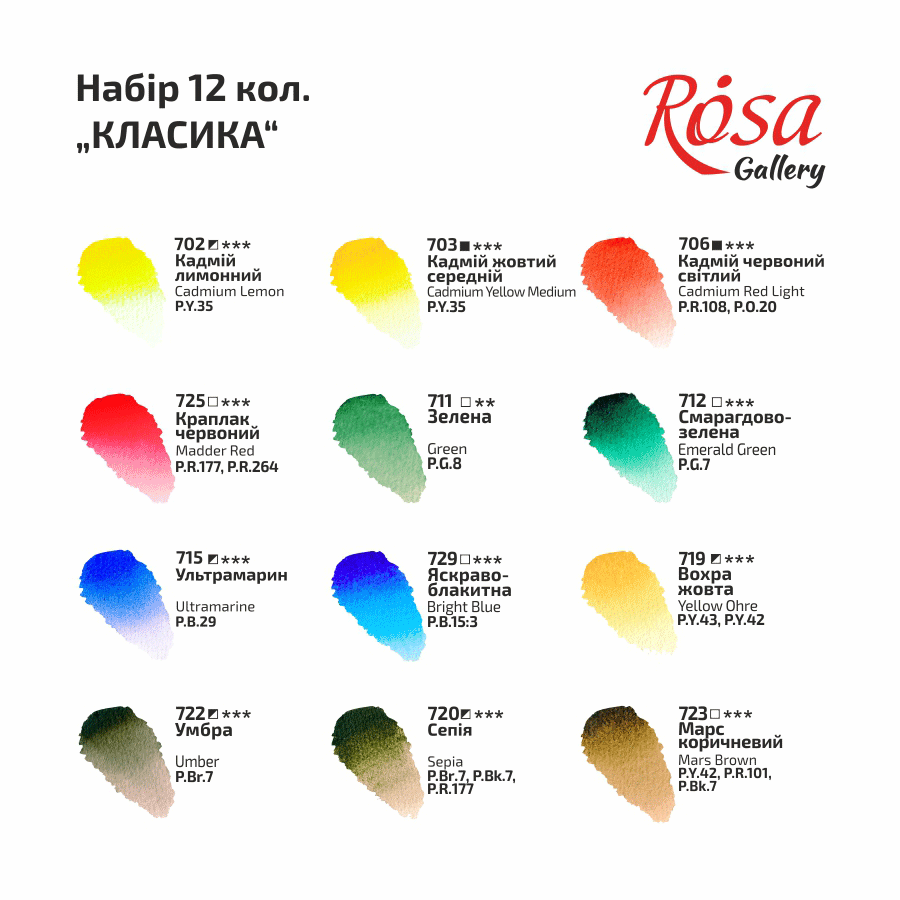 Набір акварельних фарб 12 кол. "Класика", кювета, картон, Rosa Gallery 2