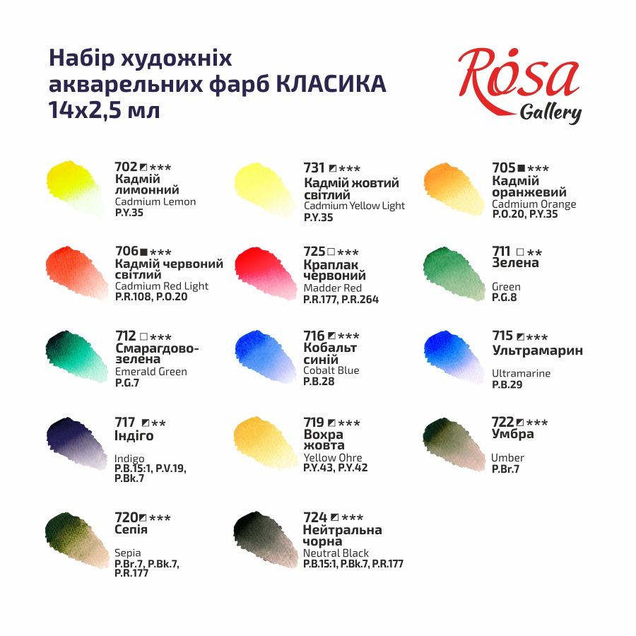 Набір акварельних фарб 14 кол. "Класика", метал. пенал, Rosa Gallery 2