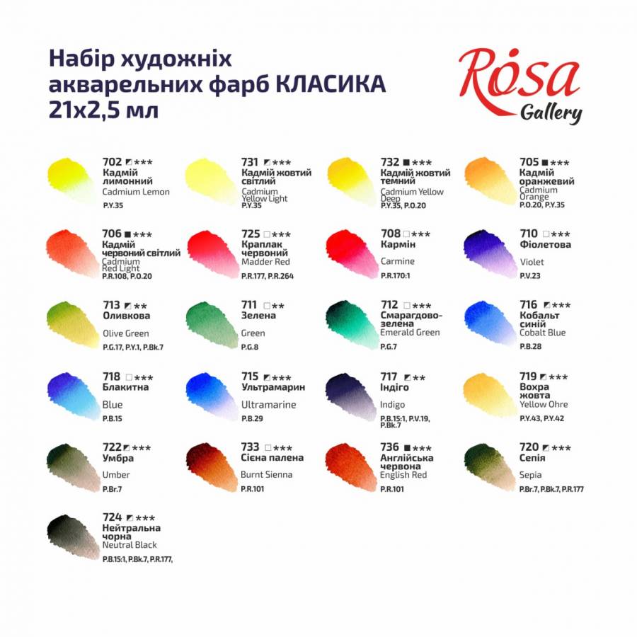 Набір акварельних фарб 21 кол. "Класика", метал. пенал, Rosa Gallery 2