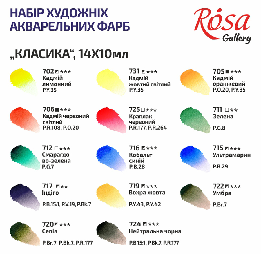 Набір акварельних фарб 14 кол.*10 мл "Класика", дерев. пенал, Rosa Gallery 3