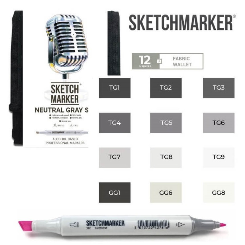 Набір маркерів SketchMarker Neutral Grey, 12 шт+сумка органайзер, SM-12NTGR 1