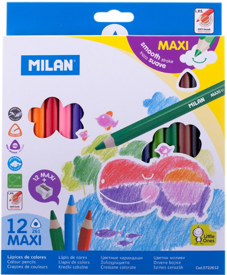 Олівці 12 кол. Maxi, трикутні з чинкою, ml.0722612, Milan