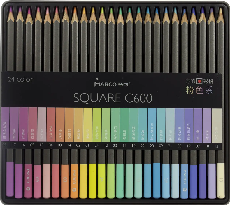 Олівці 24 кол. Square пастельних кольор., квадратні в метал. пеналі, C600-24TN(PS) Marco