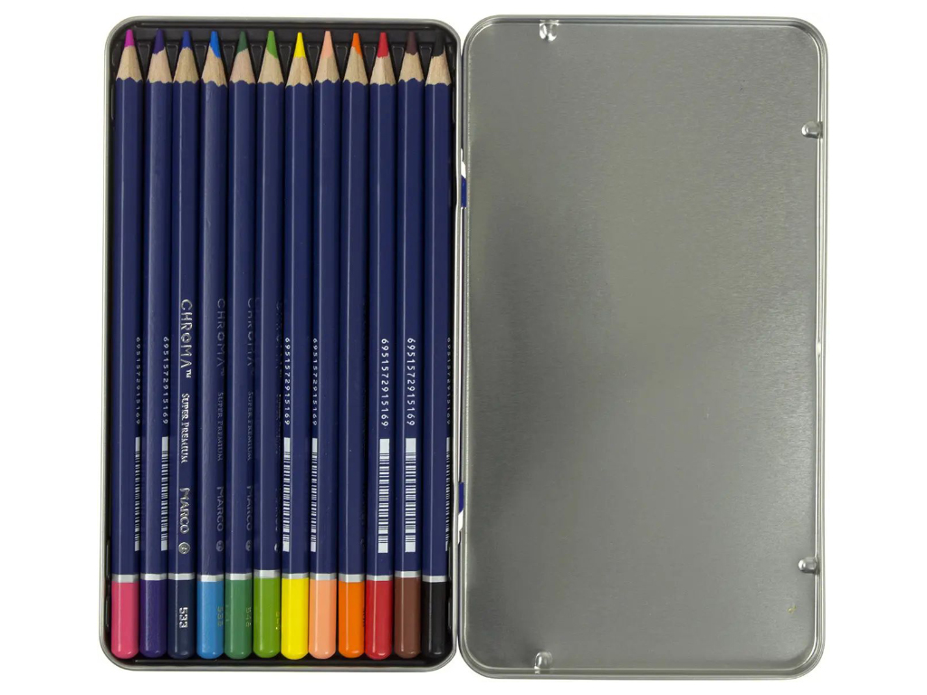 Олівці 12 кол. Chroma шестигранні в метал. пеналі, 8010-12TN, Marco 1