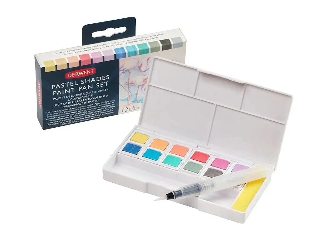 Набор Pastel Shades Paint Pan, 12 цветов + кисть с резервуаром, Derwent