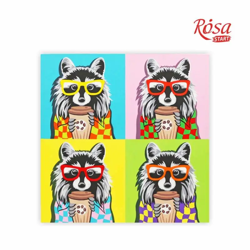 Холст на картоне с контуром, Pop Art Raccoon, 30*30, хлопок, акрил, Rosa Start 1