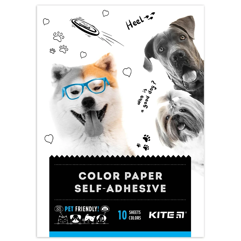 Бумага цветная самоклейкий A4 10 л./10 цв., Kite Dogs, K22-294