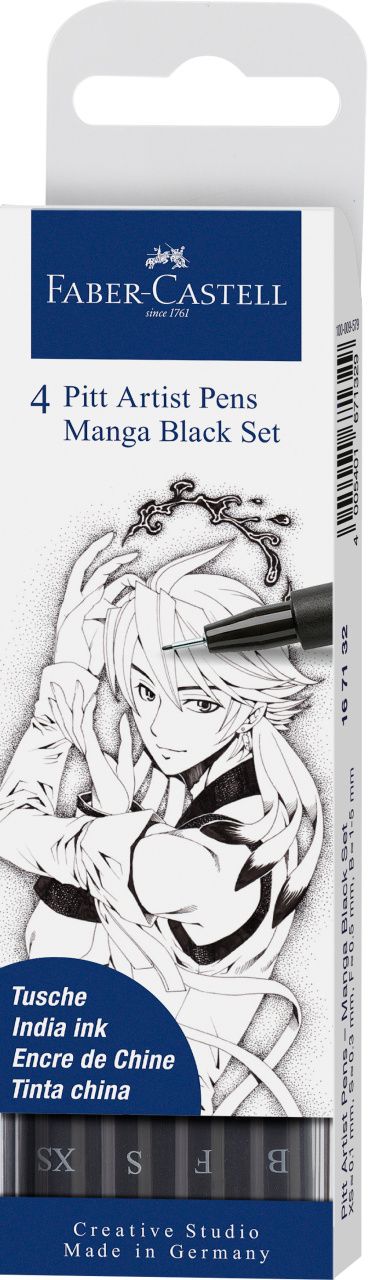 Набор ручек капиллярных PITT Artist Pen Manga, 4 шт. чёрный (в пласт. футляре), 167132 Faber-Castell