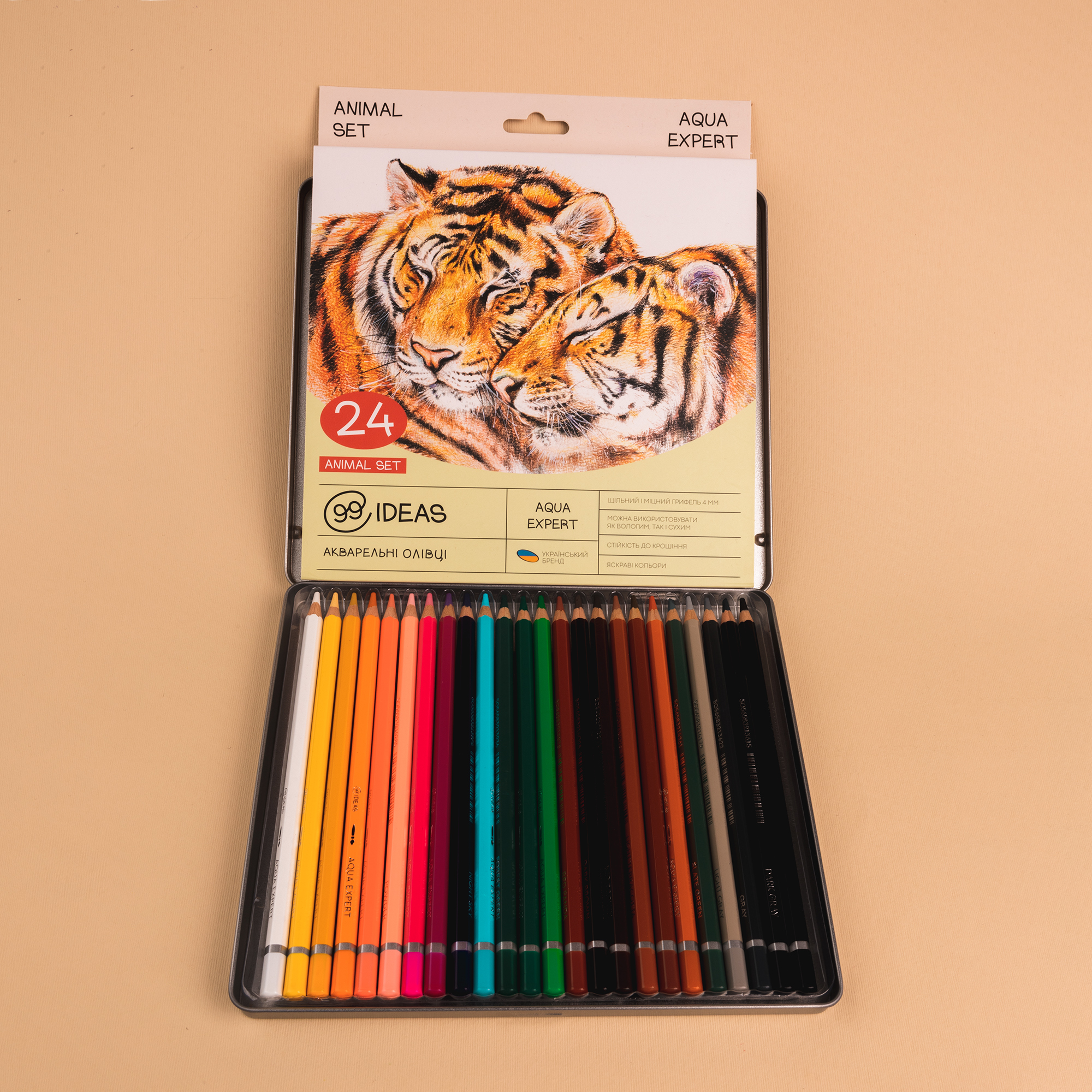 Набір олівців акварельних 99IDEAS "Aqua Expert" 24 кол., Animal Set, метал. коробка, 99AE-24ANIM 3