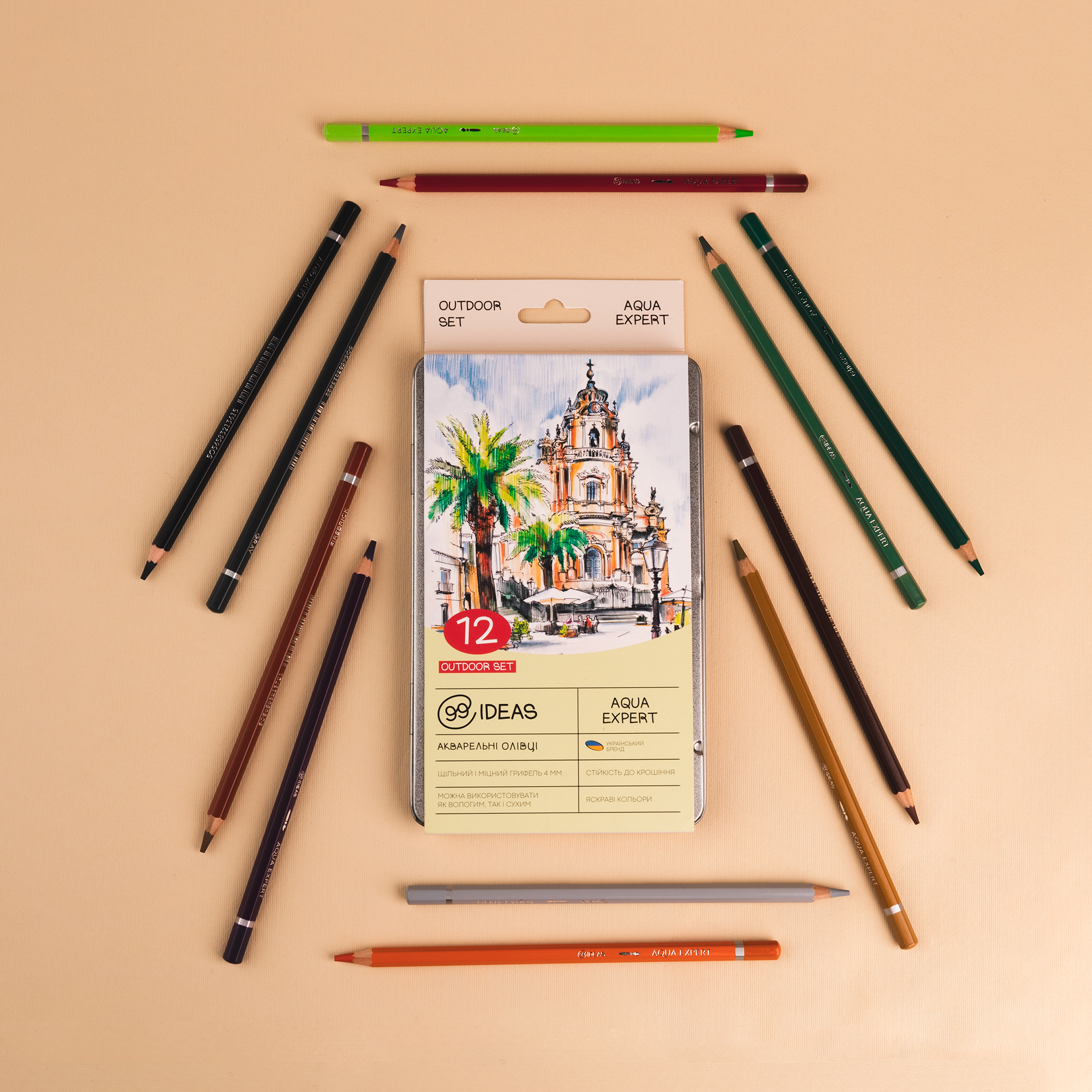 Набір олівців акварельних 99IDEAS "Aqua Expert" 12 кол., Outdoor Set, метал. коробка, 99AE-12OUT 4