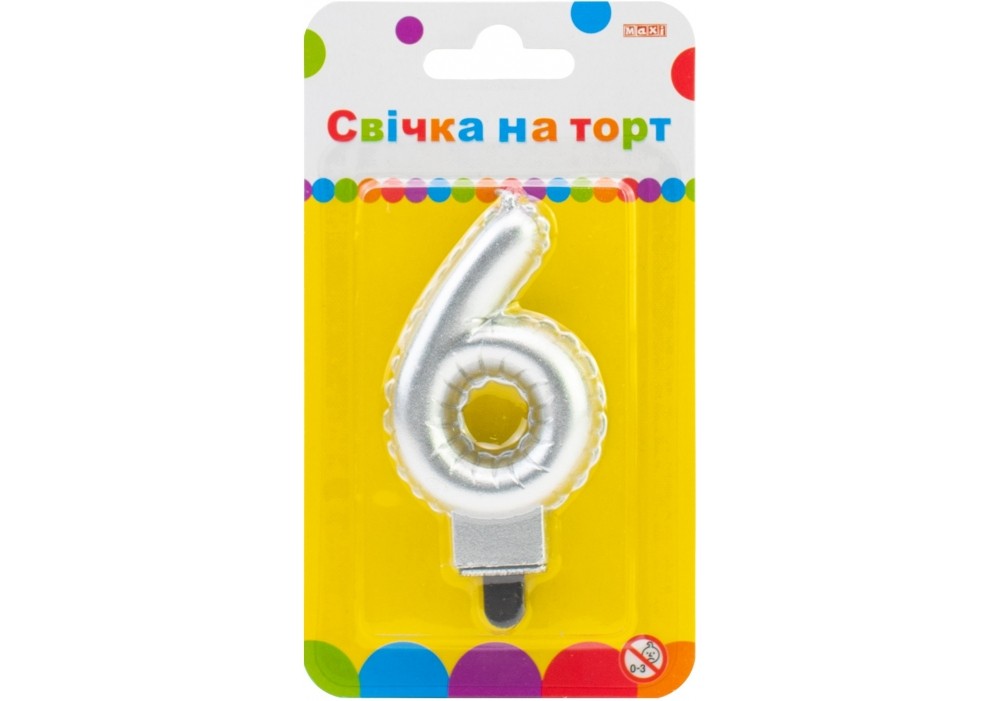 Свічка-цифра срібляста "6" у вигляді надувної кульки, 7,62 см, MX622095S-6