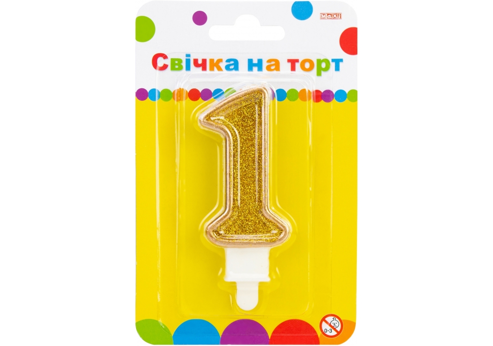 Свеча на торт золотистая двухсторонняя с блестками "1", 7,62 см, MX622083-1