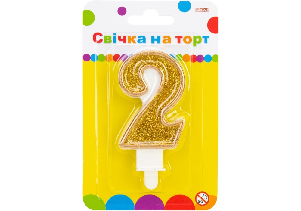 Свеча на торт золотистая двухсторонняя с блестками "2", 7,62 см, MX622083-2