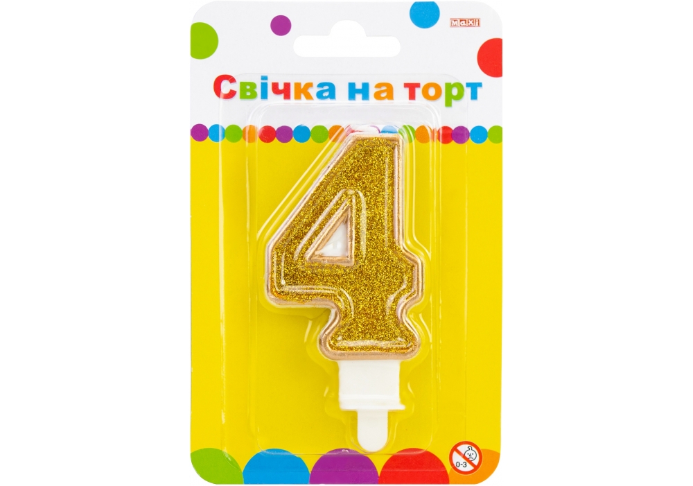 Свеча на торт золотистая двухсторонняя с блестками "4", 7,62 см, MX622083-4